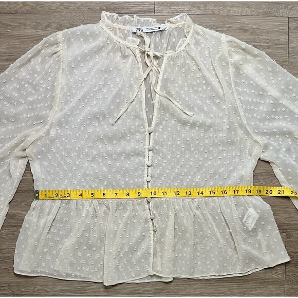 ZARA Woman Sheer Dobby Dot Blouse Long Sleeve Peasant Top Ivory White Size L - Picture 6 of 9